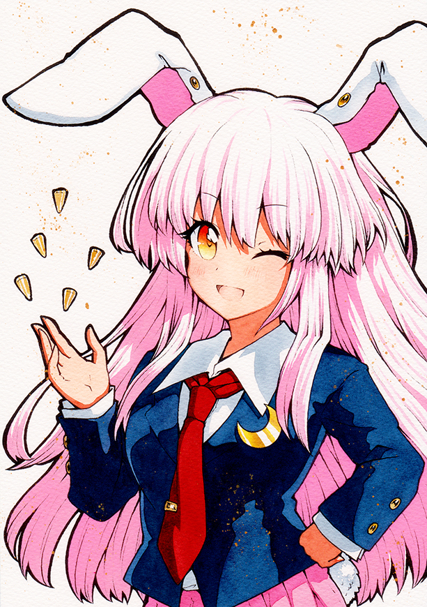 1girl :d animal_ears bangs blue_jacket blue_sleeves breasts bunny_tail collar crescent eyebrows_visible_through_hair hair_between_eyes hand_on_hip hand_up jacket long_hair long_sleeves looking_at_viewer medium_breasts multicolored multicolored_eyes necktie one_eye_closed open_mouth pink_hair pink_skirt qqqrinkappp rabbit_ears red_eyes red_neckwear reisen_udongein_inaba shirt simple_background skirt smile solo tail touhou traditional_media white_background white_collar white_shirt yellow_eyes