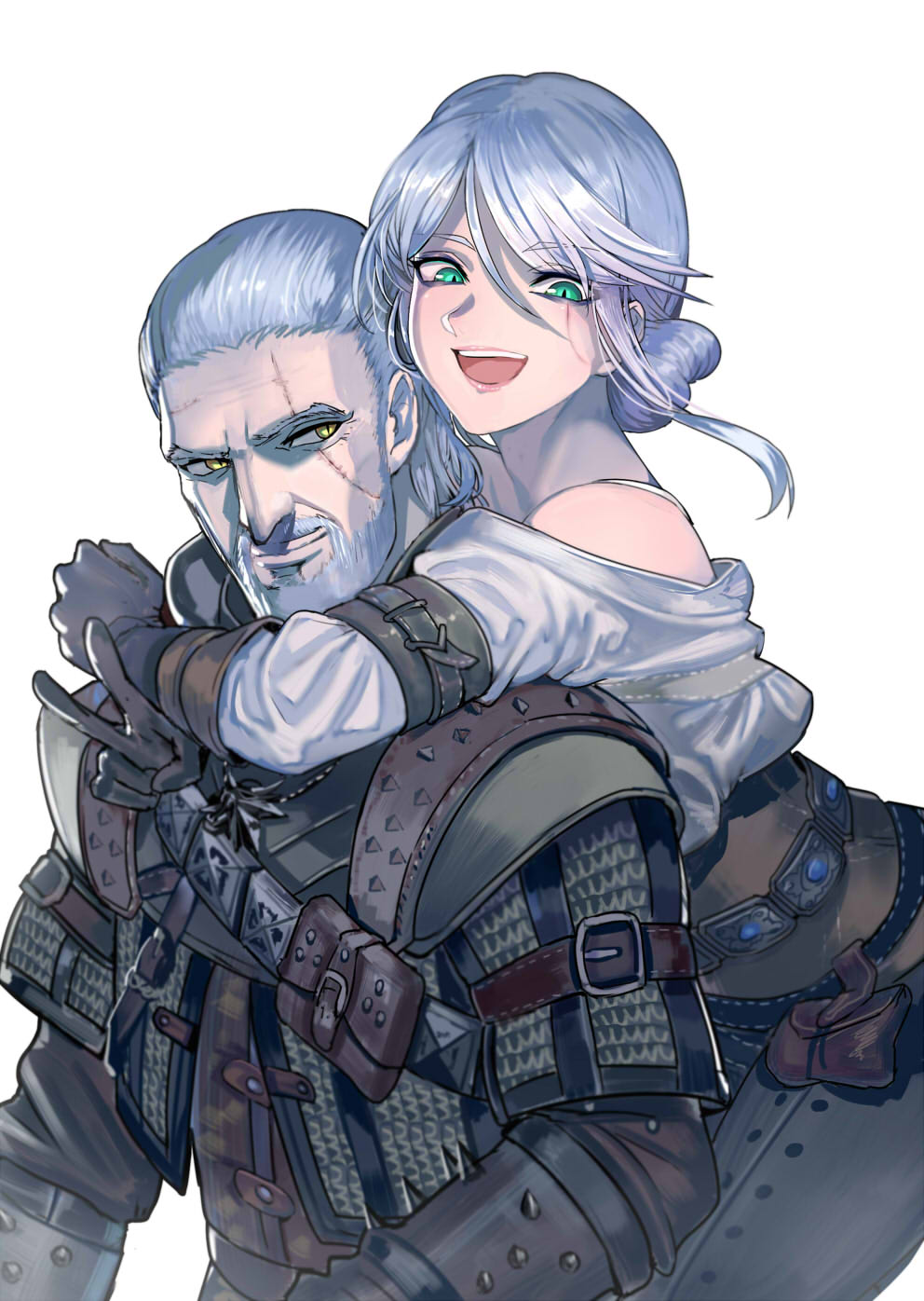 1boy 1girl :d armor arms_around_neck bangs bare_shoulders beard ciri commentary_request corset eyebrows_visible_through_hair facial_hair geralt_of_rivia gloves green_eyes grey_background grey_hair grey_shirt highres hug leaning_forward leather_armor looking_at_viewer open_mouth orange_eyes scar scar_across_eye shirt silver_hair simple_background smile the_witcher_(series) the_witcher_3 upper_body v walzrj white_background