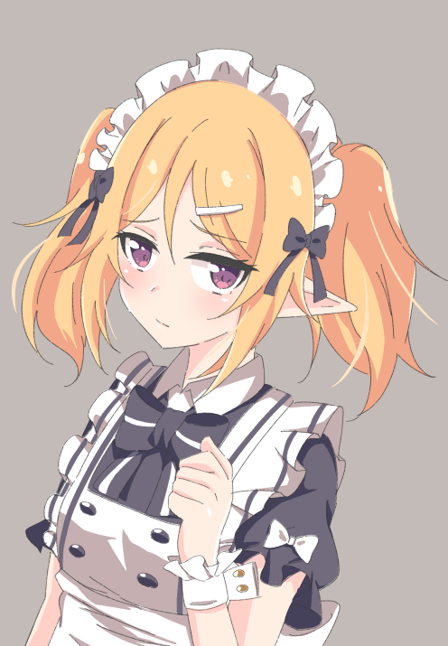 blonde_hair blush breasts chloe_(princess_connect!) elf grey_background kuroha_uma looking_at_viewer maid pointy_ears princess_connect! small_breasts solo twintails upper_body violet_eyes