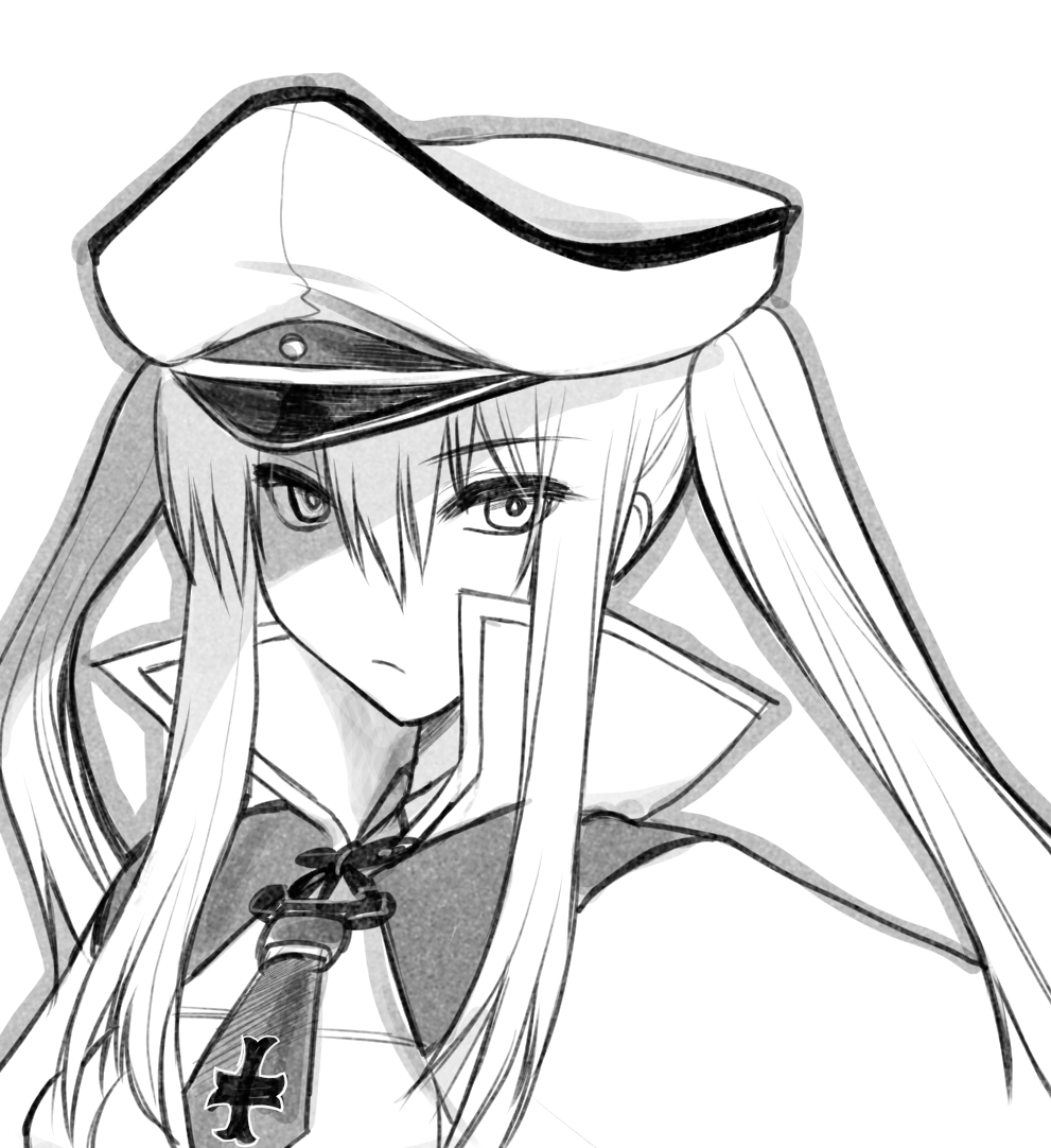 1girl bangs capelet closed_mouth eyebrows_visible_through_hair graf_zeppelin_(kancolle) greyscale hair_between_eyes hat high_collar iron_cross kagesaki_yuna kantai_collection long_hair monochrome peaked_cap portrait sidelocks simple_background sketch solo twintails