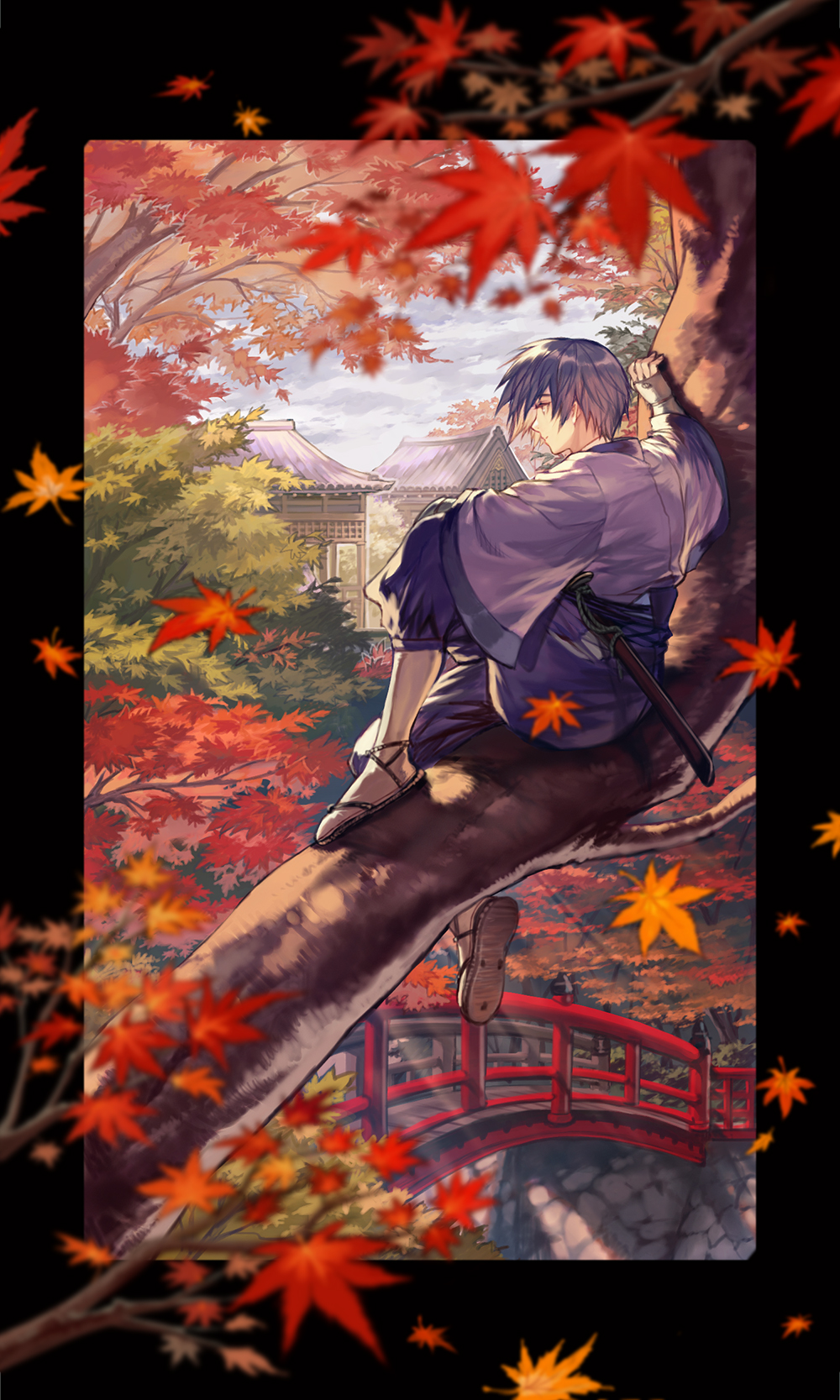 1boy arm_up autumn_leaves black_border black_hair black_pants border branch bridge building clouds cloudy_sky from_behind highres leaf light_rays long_sleeves maple_leaf outdoors outside_border pants profile rurouni_kenshin sandals short_hair sky solo soujirou_seta tree wide_shot wide_sleeves yumeko_(yumeyana_g)