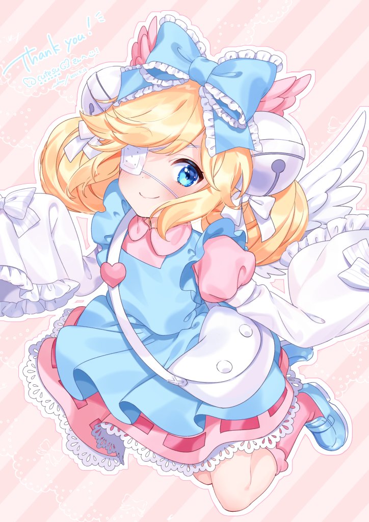 1girl apron bangs bell blonde_hair blue_apron blue_bow blue_eyes blue_footwear bow cat commission cutesu_(cutesuu) double_bun dress eyepatch frilled_bow frills full_body hair_bell hair_ornament jingle_bell layered_sleeves long_sleeves medical_eyepatch nokachoco114 original pink_dress pink_legwear ribbon-trimmed_dress short_over_long_sleeves short_sleeves skeb_commission sleeves_past_fingers sleeves_past_wrists solo white_cat white_wings wings