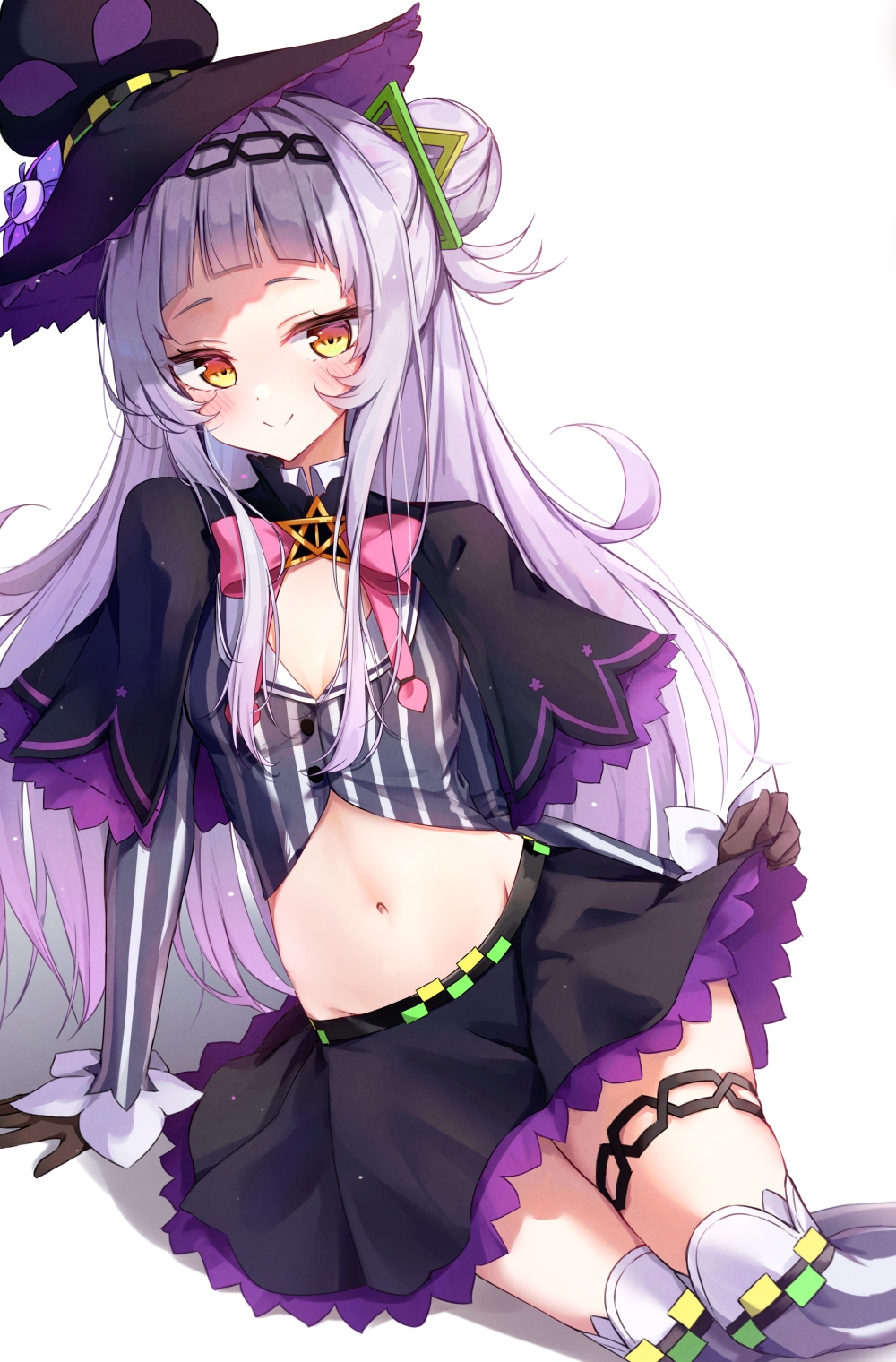 1girl arm_support bangs beliatan black_capelet black_gloves black_headwear black_skirt blunt_bangs blush bow breasts capelet closed_mouth crop_top feet_out_of_frame gloves grey_shirt hair_bun hair_ornament hairband hat highres hololive long_hair long_sleeves looking_at_viewer midriff miniskirt murasaki_shion navel pink_bow shirt short_eyebrows side_bun sidelocks silver_hair simple_background sitting skirt skirt_hold small_breasts smile solo striped striped_legwear striped_shirt thigh-highs thigh_strap vertical-striped_legwear vertical-striped_shirt vertical_stripes very_long_hair virtual_youtuber white_background witch_hat yellow_eyes
