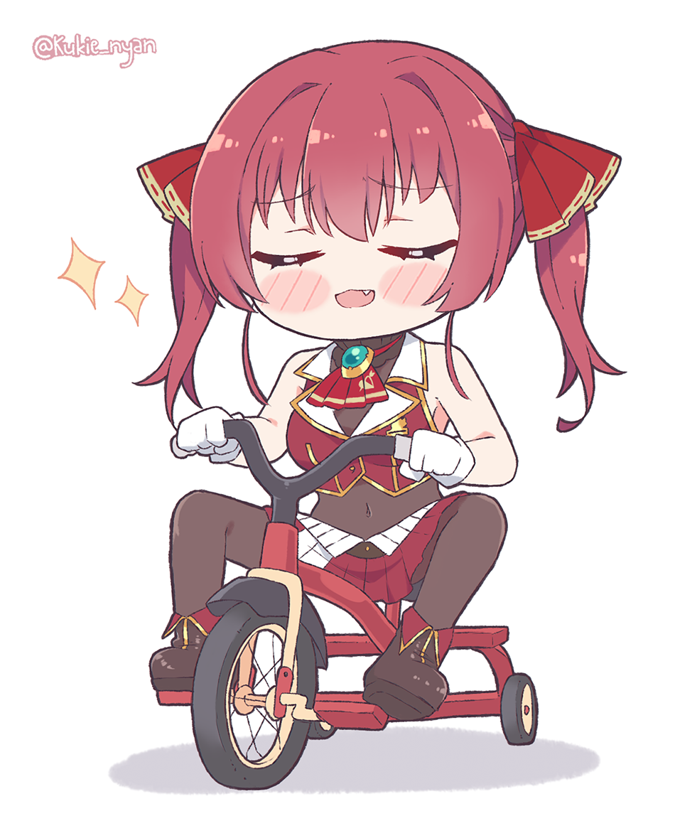 bare_arms blush_stickers chibi closed_eyes commentary cropped_jacket english_commentary fang gold_trim hair_ribbon hololive houshou_marine jacket kukie-nyan leotard leotard_under_clothes long_hair red_jacket red_ribbon redhead ribbon riding sleeveless sleeveless_jacket sparkle tricycle twintails twitter_username virtual_youtuber