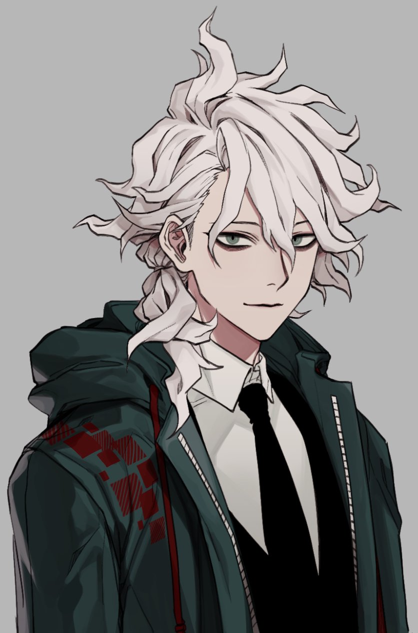 1boy bangs black_jacket brown_eyes closed_mouth collared_shirt commentary_request dangan_ronpa_(series) dangan_ronpa_2:_goodbye_despair grey_background hair_between_eyes han_raco highres jacket komaeda_nagito looking_at_viewer male_focus messy_hair necktie open_clothes shirt short_ponytail simple_background smile solo upper_body white_shirt wing_collar