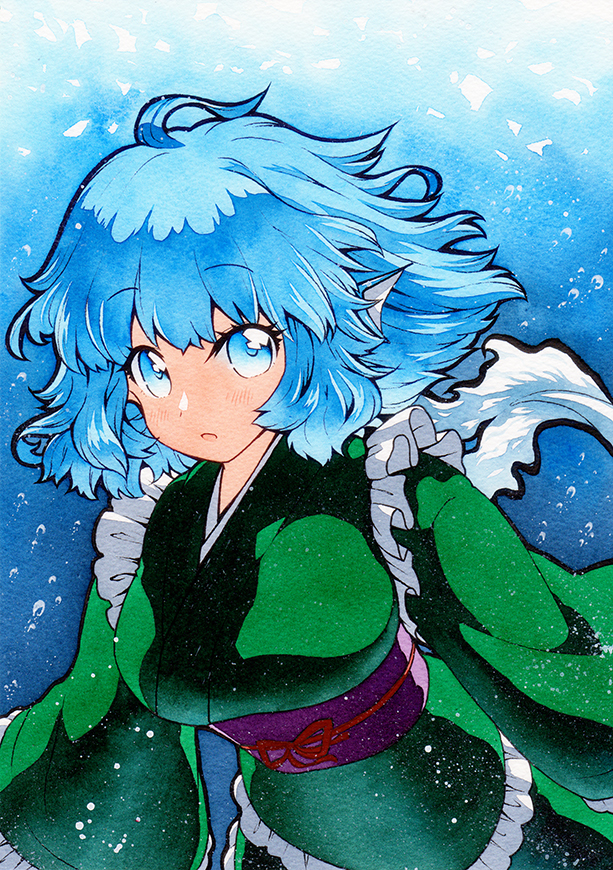 1girl bangs belt blue_background blue_eyes blue_hair bow breasts eyebrows_visible_through_hair green_kimono green_sleeves head_fins japanese_clothes kimono long_sleeves looking_at_viewer medium_breasts mermaid monster_girl no_headwear open_mouth purple_belt qqqrinkappp red_bow short_hair solo touhou traditional_media underwater wakasagihime water