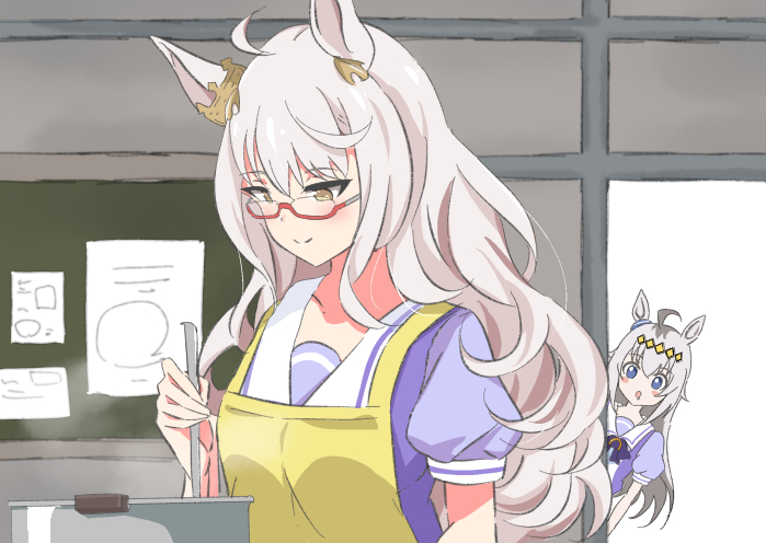 2girls animal_ears biwa_hayahide_(umamusume) breasts cooking glasses horse_ears horse_girl horse_tail kuroha_uma multiple_girls oguri_cap_(umamusume) tail umamusume upper_body