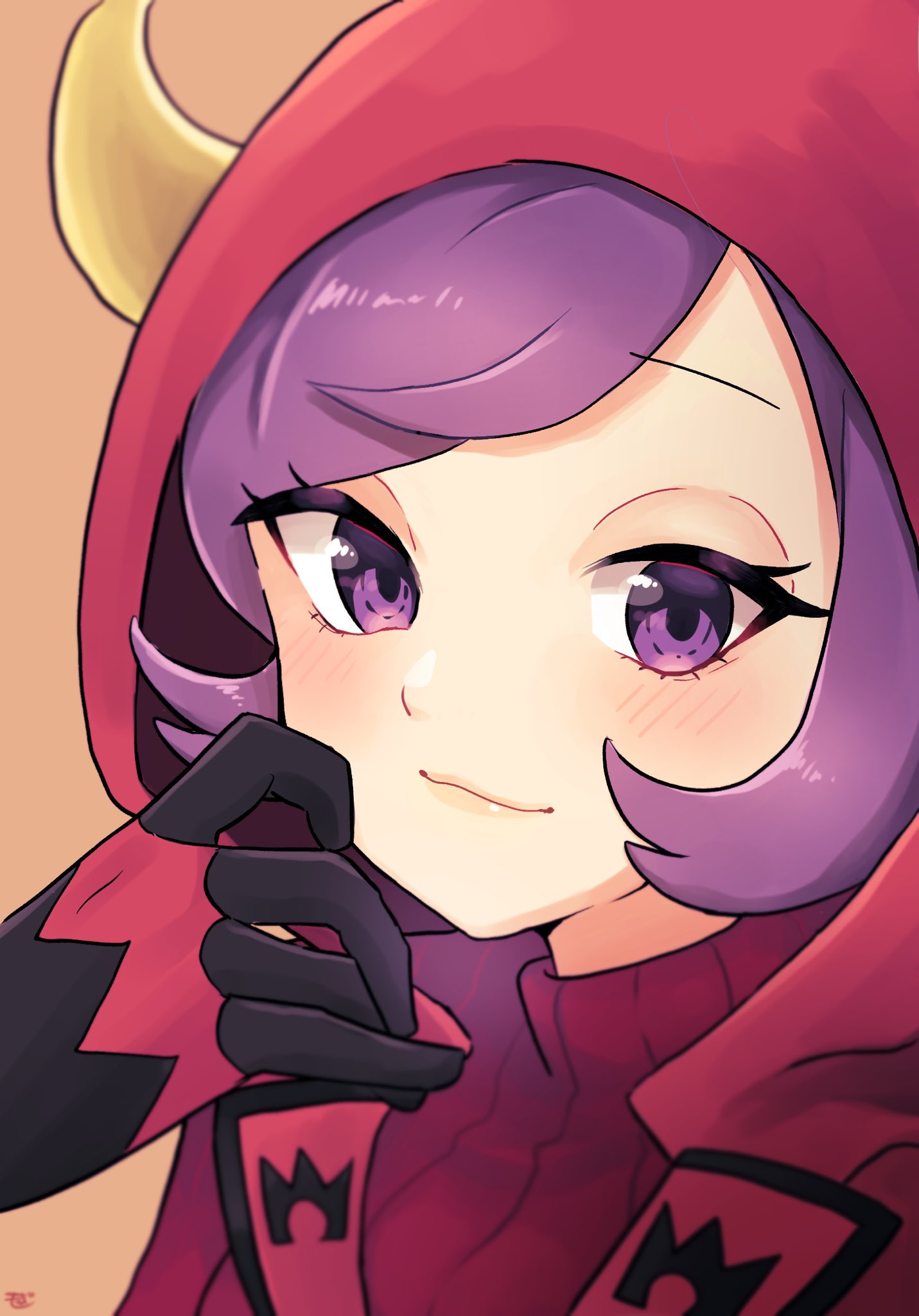 1girl blush closed_mouth commentary courtney_(pokemon) eyelashes fake_horns gloves hand_up highres hood hood_up horns looking_at_viewer moegi_itsukashi pokemon pokemon_(game) pokemon_oras purple_hair red_sweater ribbed_sweater short_hair signature smile solo sweater team_magma team_magma_uniform turtleneck turtleneck_sweater upper_body violet_eyes