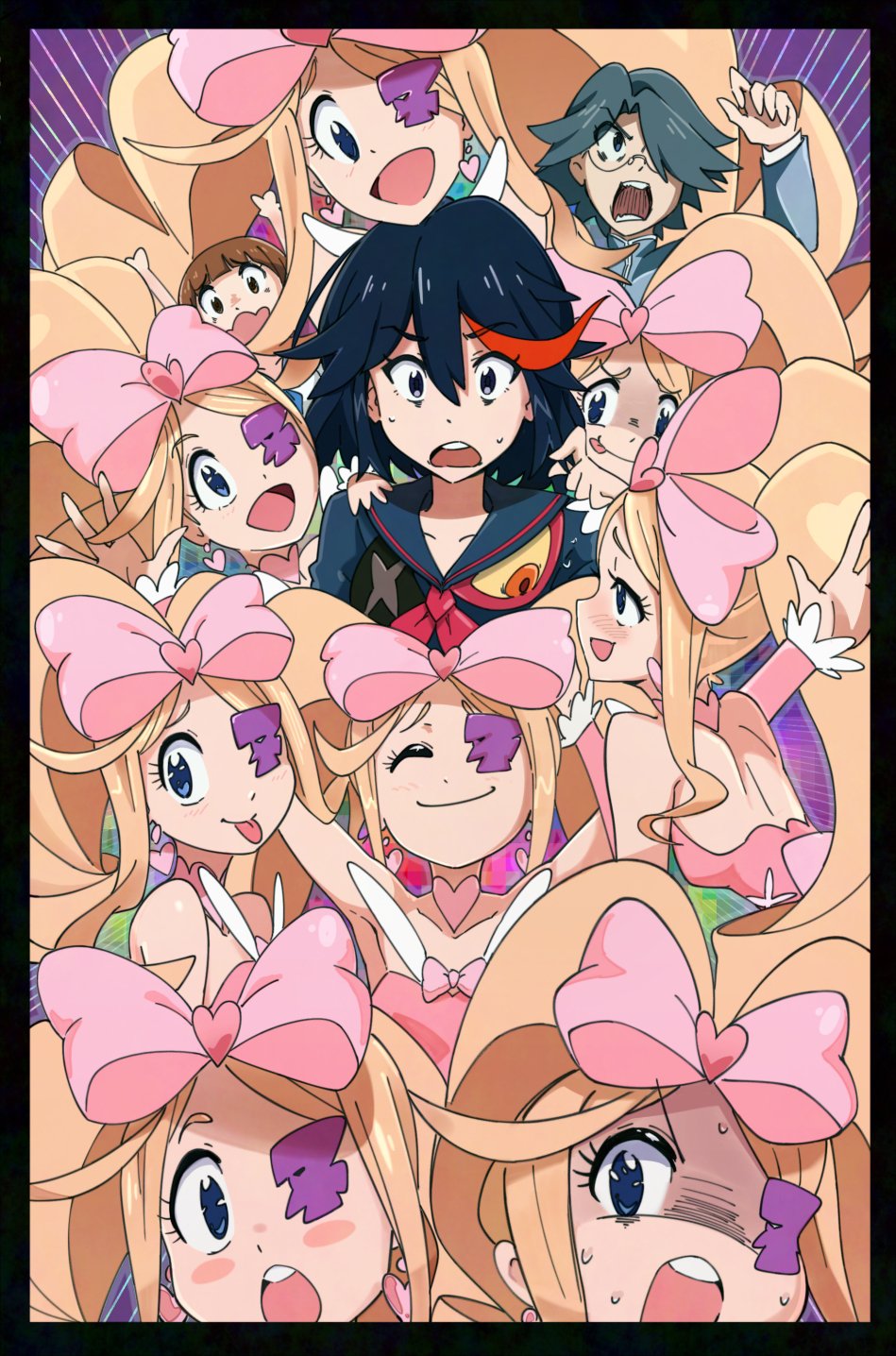 90millimetri bangs black_hair black_sailor_collar black_serafuku blonde_hair blue_eyes blush bob_cut brown_hair choker closed_eyes dress drill_hair earrings eyepatch frown hair_over_one_eye hair_ribbon harime_nui heart heart_earrings highres jewelry kill_la_kill mankanshoku_mako matoi_ryuuko multicolored_hair multiple_persona open_mouth pink_choker pink_dress pink_ribbon purple_background purple_eyepatch redhead ribbon sailor_collar school_uniform senketsu serafuku smile strapless sweat tongue tongue_out twintails