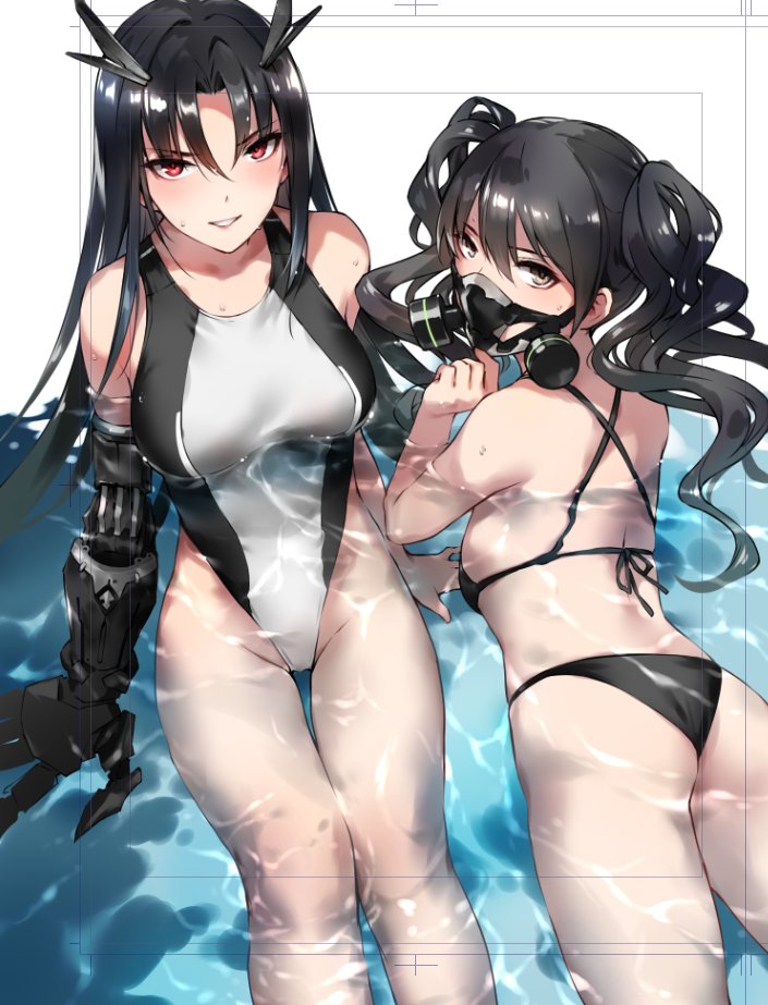 2girls ass bikini black_bikini black_hair breasts brown_eyes character_request commentary_request competition_swimsuit cowboy_shot horns long_hair looking_at_viewer lying medium_breasts multiple_girls on_stomach one-piece_swimsuit parted_lips partially_submerged red_eyes robotic_arm sitting swimsuit twintails water wavy_hair white_legwear work_in_progress zen_juraku