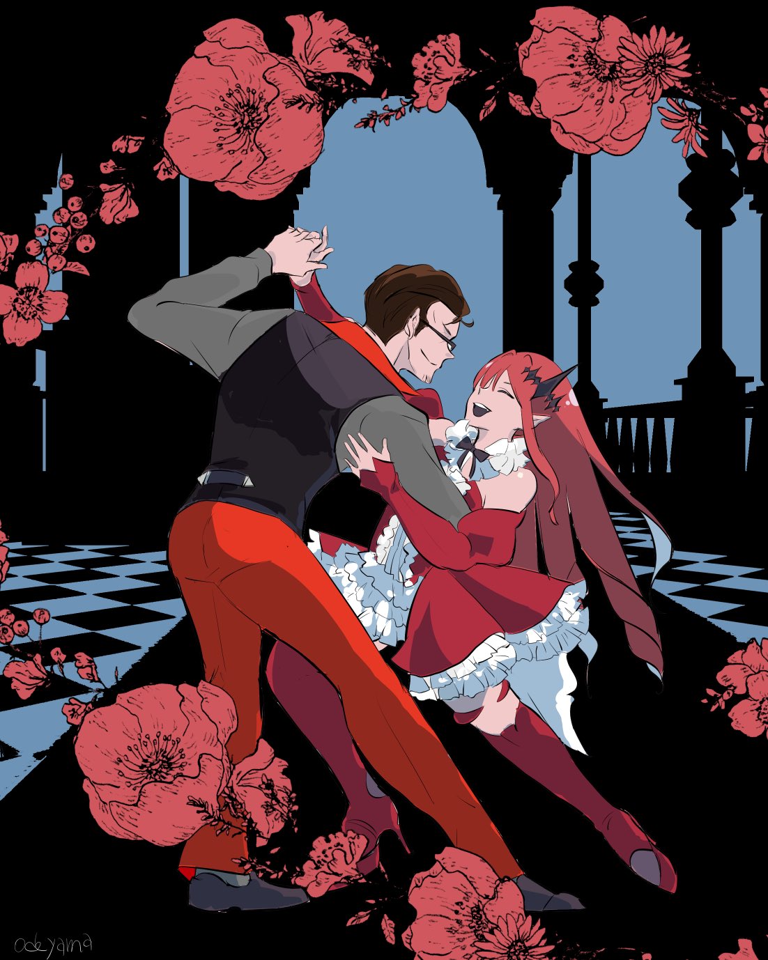 1boy 1girl bare_shoulders beryl_gut black_footwear black_hair black_vest bow dancing detached_sleeves dress fate/grand_order fate_(series) floral_background flower frills glasses hair_ornament hair_slicked_back high_heels highres holding_hands long_hair odeyama pants pointy_ears red_pants redhead shirt smile thigh-highs tristan_(fairy_knight)_(fate) vest