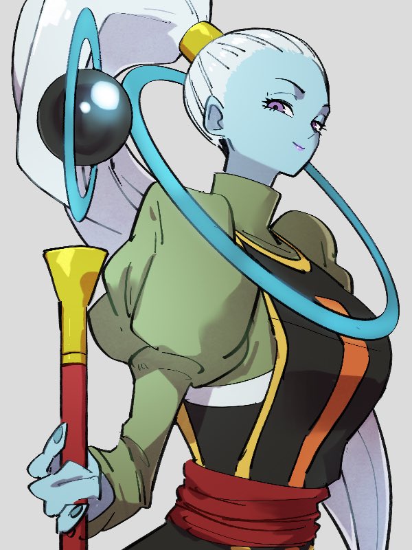 1girl blue_skin closed_mouth colored_skin dragon_ball dragon_ball_super fingernails grey_background holding holding_staff kemachiku lips long_hair long_sleeves looking_at_viewer ponytail puffy_long_sleeves puffy_sleeves simple_background smile solo staff vados_(dragon_ball) very_long_hair violet_eyes white_hair