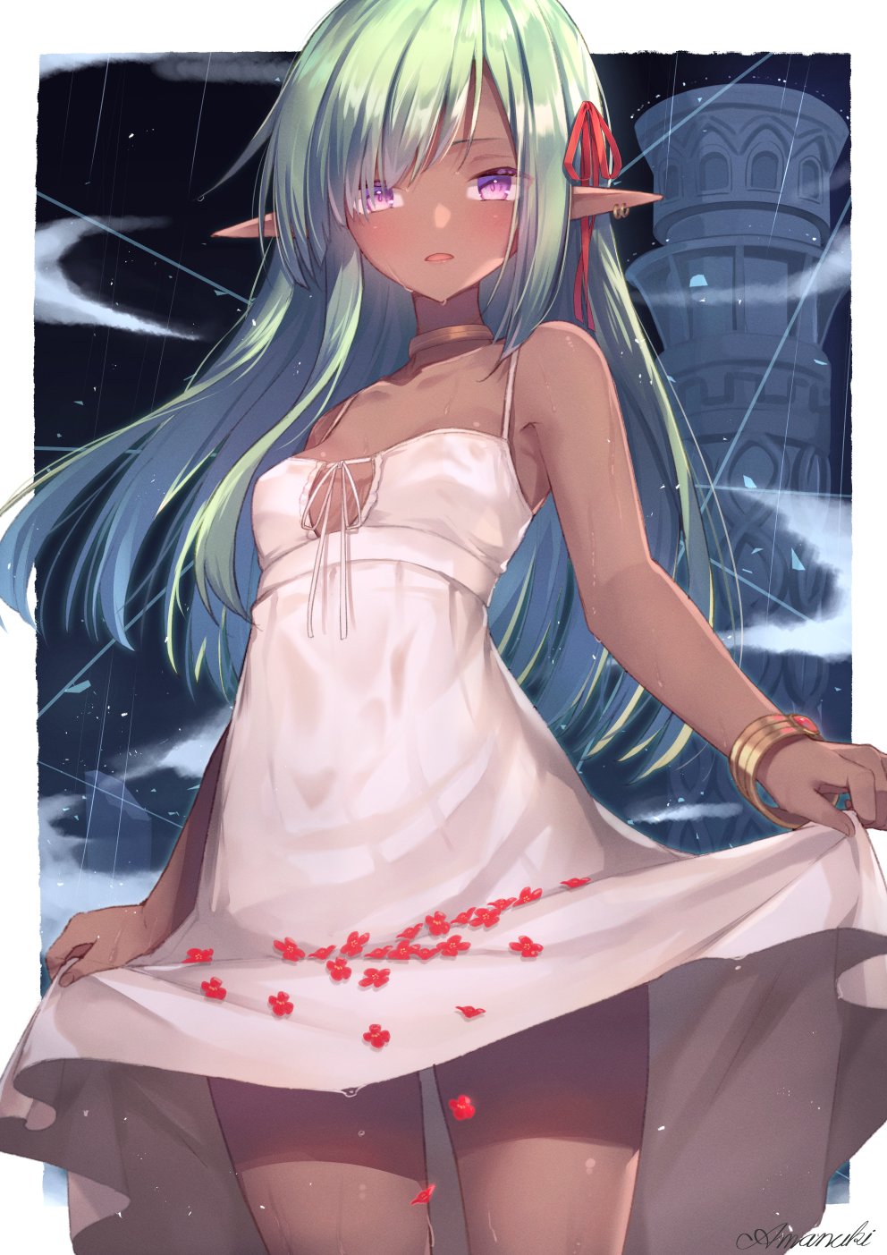 1girl bare_arms bare_shoulders blush border bracelet breasts brown_choker building choker collarbone commentary_request copyright_request cowboy_shot dress earrings elf flower green_hair gyuunyuu_bin hair_ribbon highres jewelry long_hair looking_at_viewer night night_sky open_mouth outdoors outside_border pointy_ears red_flower red_ribbon ribbon sidelocks signature skirt_basket sky sleeveless sleeveless_dress small_breasts solo straight_hair thighs violet_eyes wet white_border white_dress