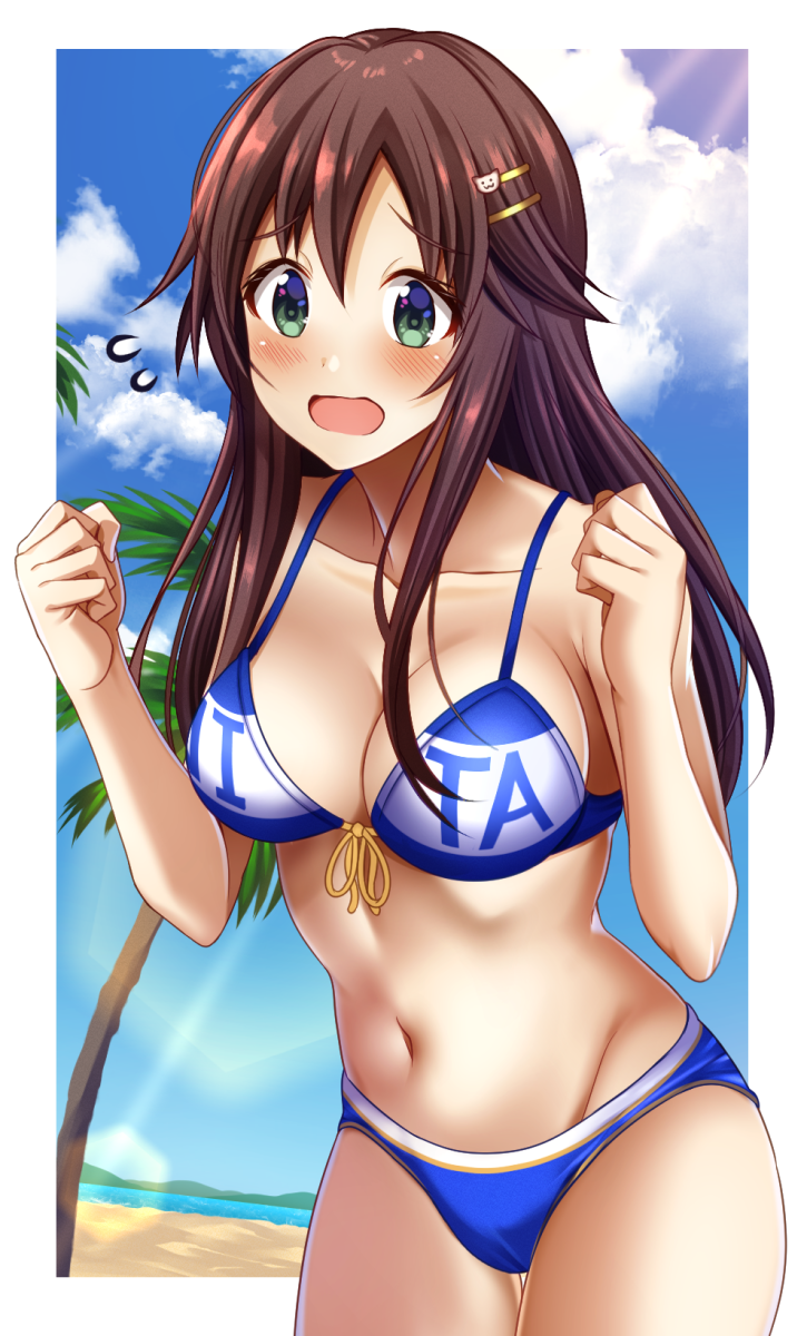 1girl beach bikini blue_bikini blue_sky breasts brown_hair clothes_writing clouds cowboy_shot day flying_sweatdrops front-tie_top green_eyes groin hair_ornament hairclip highres himekawa_yuki idolmaster idolmaster_cinderella_girls large_breasts long_hair looking_at_viewer navel open_mouth outdoors palm_tress sky solo swimsuit z.nov