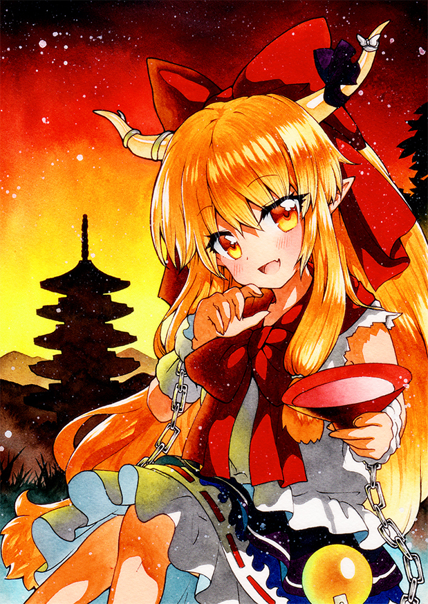 1girl alcohol architecture bangs blue_skirt bow brown_eyes chain east_asian_architecture eyebrows_visible_through_hair frills grass hair_between_eyes hands_up horns ibuki_suika long_hair looking_at_viewer multicolored multicolored_eyes open_mouth orange_hair orange_sky purple_bow qqqrinkappp red_bow red_neckwear red_sky sake shirt sitting skirt sky sleeveless smile solo sunset touhou traditional_media white_shirt white_wristband wristband yellow_eyes yellow_sky