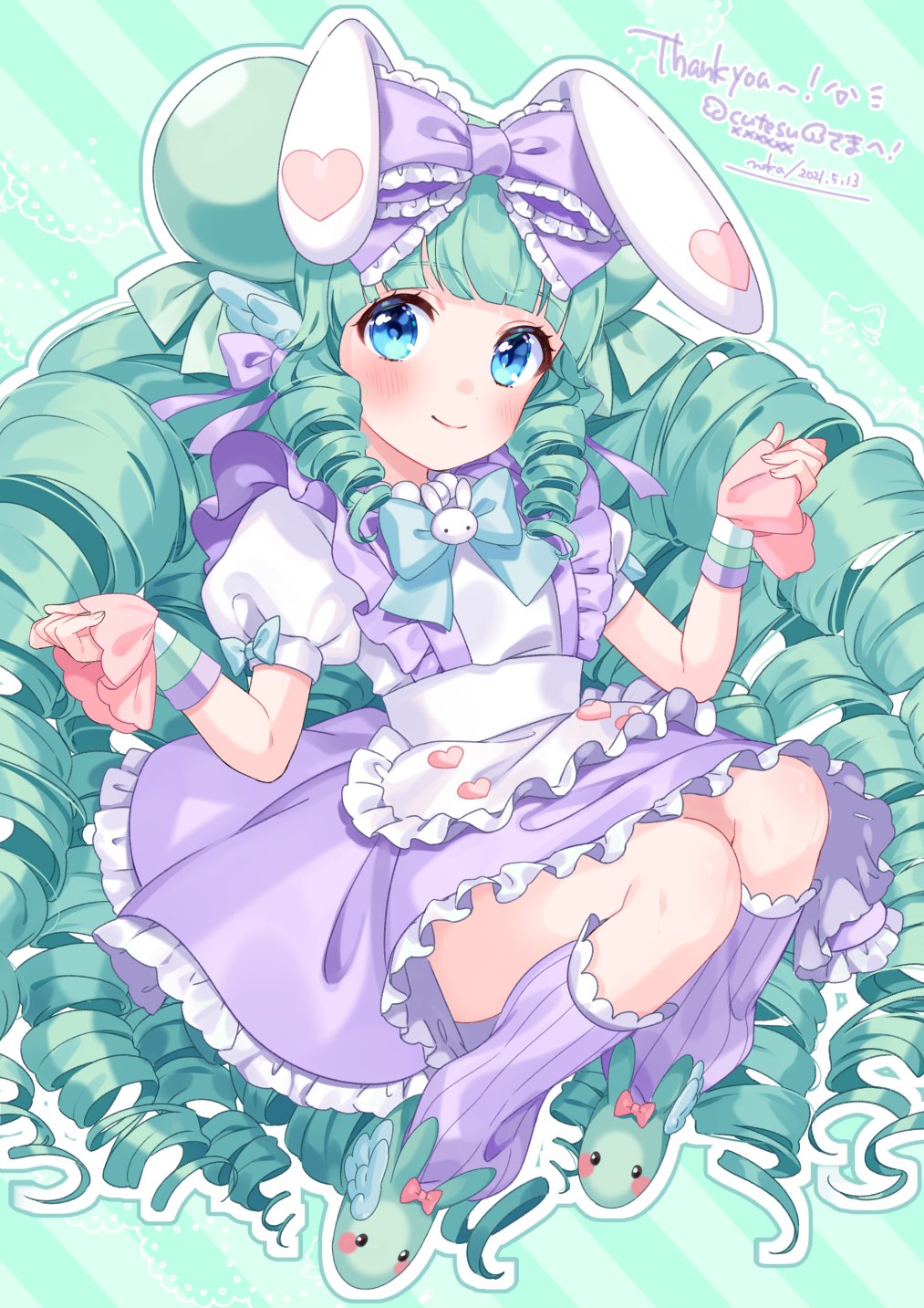 1girl animal_ears animal_slippers apron bangs blue_apron bow bunny_slippers commission drill_hair frilled_apron frilled_bow frills full_body green_footwear highres long_hair loose_socks miruku_(cutesuu) nokachoco114 open_mouth original purple_bow purple_legwear purple_skirt rabbit skeb_commission skirt slippers solo striped