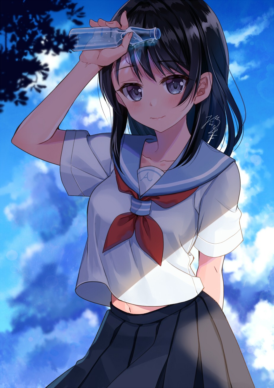 1girl arm_up bangs black_hair black_skirt blue_eyes blue_sailor_collar blue_sky blush breasts closed_mouth clouds cloudy_sky commentary_request day eyebrows_visible_through_hair highres holding long_hair looking_at_viewer midriff_peek navel neckerchief nekozuki_yuki original outdoors pleated_skirt ramune red_neckwear sailor_collar school_uniform serafuku short_sleeves signature skirt sky small_breasts smile solo