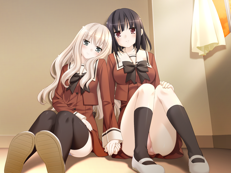 black_hair black_legwear blonde_hair blue_eyes blush game_cg holding_hands kawamura_reo kneehighs long_hair mary_janes multiple_girls panties peko pink_panties red_eyes sawaguchi_mai school_uniform shoes socks sono_hanabira_ni_kuchizuke_wo thigh-highs thighhighs underwear uwabaki white_panties