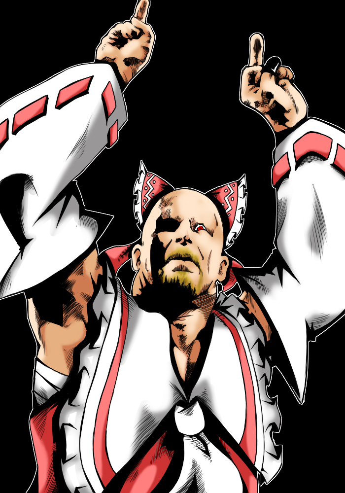 armpits bald beard cosplay crossover dashio facial_hair fusion hakurei_reimu hakurei_reimu_(cosplay) male manly middle_finger muscle parody red_eyes ribbon sarashi simple_background solo stone_cold_steve_austin touhou wwe