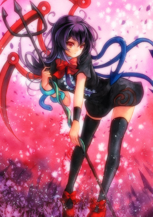 asymmetrical_wings black_hair black_legwear dress geroro houjuu_nue legs polearm red_eyes short_hair snake solo thighhighs touhou traditional_media trident watercolor_(medium) weapon wings zettai_ryouiki