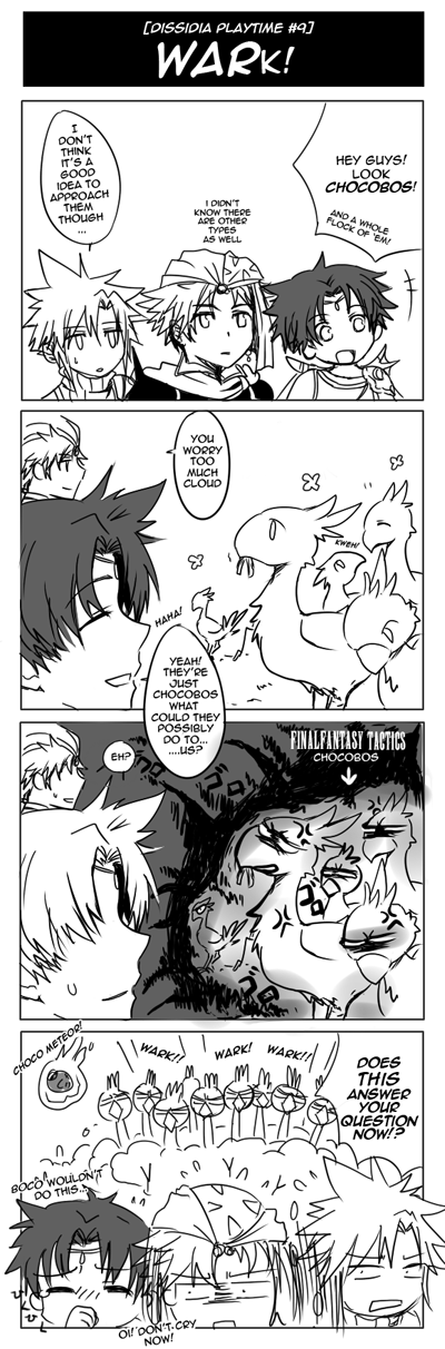 4koma =_= anger_vein butz_klauser chasing chocobo closed_eyes cloud_strife comic dissidia_final_fantasy english final_fantasy final_fantasy_ii final_fantasy_tactics final_fantasy_v final_fantasy_vii frioniel hard_translated highres meru meteor monochrome multiple_boys running shaded_face spoilers stampede sweatdrop translated translation_request