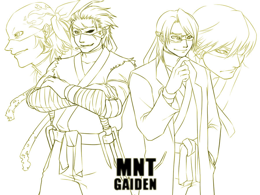 4boys artist_request bandage bandana belt cigarette coat crossed_arms donatello grin headband leonardo male michelangelo mnt_gaiden monochrome personification raphael sai_(weapon) sash scar scouter smile teenage_mutant_ninja_turtles tmnt torn_clothes