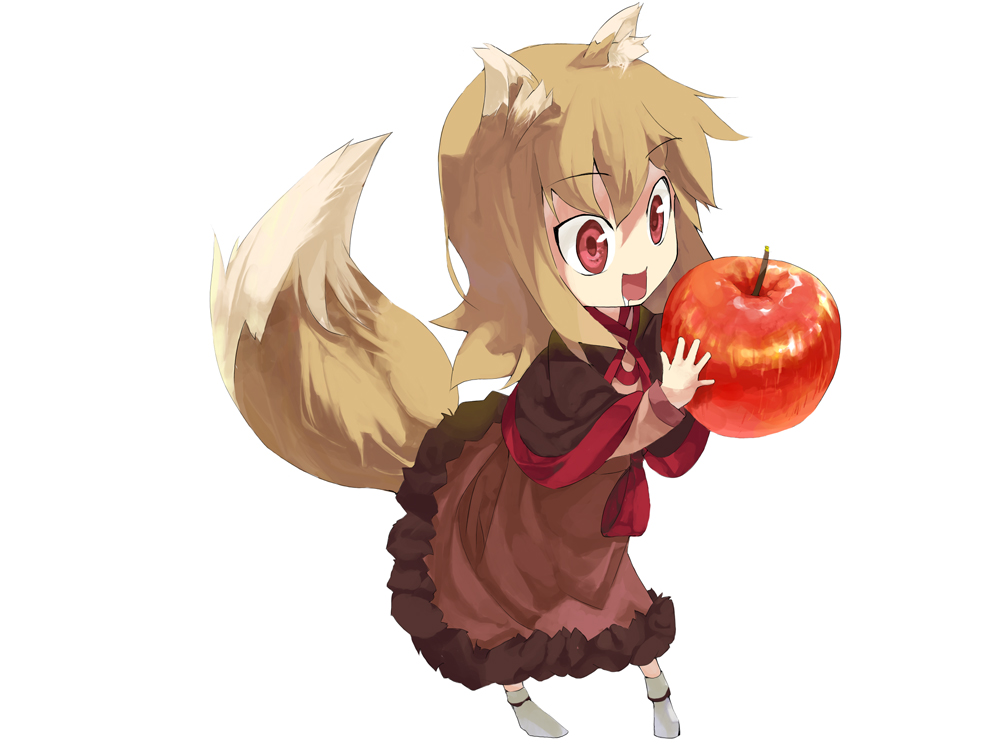 apple chibi food fruit holding holding_fruit holo kotoba open_mouth red_eyes saliva skirt socks solo spice_and_wolf tail wolf_ears wolf_tail