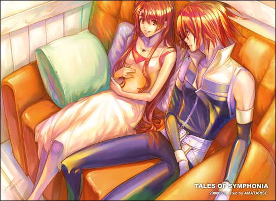 anna_irving couch couple kratos_aurion long_hair pregnant redhead short_hair sitting tales_of_symphonia