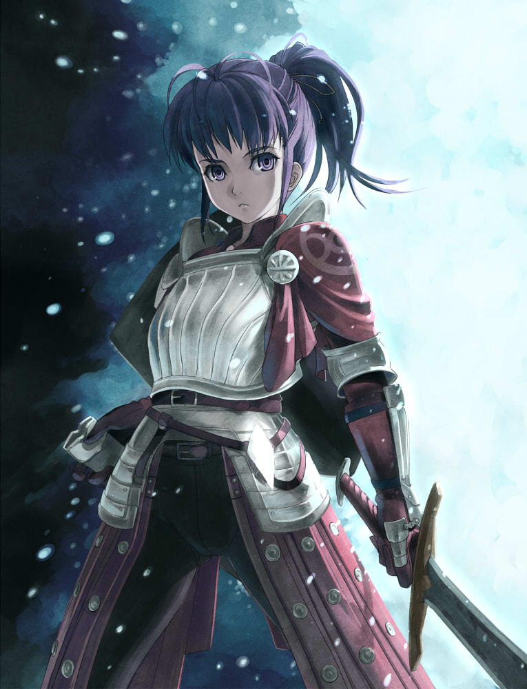 antenna_hair armor demon's_souls demon's_souls gauntlets gloves ponytail purple_eyes purple_hair sheath sword tan_taka violet_eyes weapon