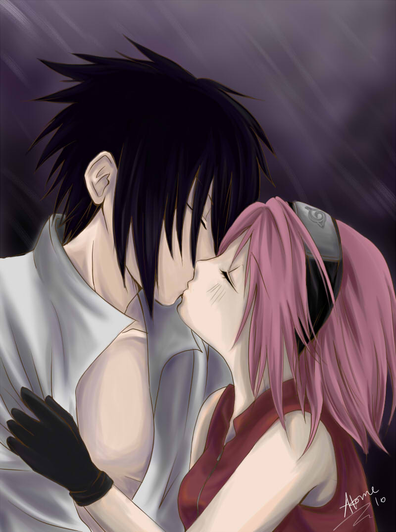 bare_shoulders black_hair closed_eyes duo female hand_on_chest haruno_sakura kiss male naruto pink_hair uchiha_sasuke