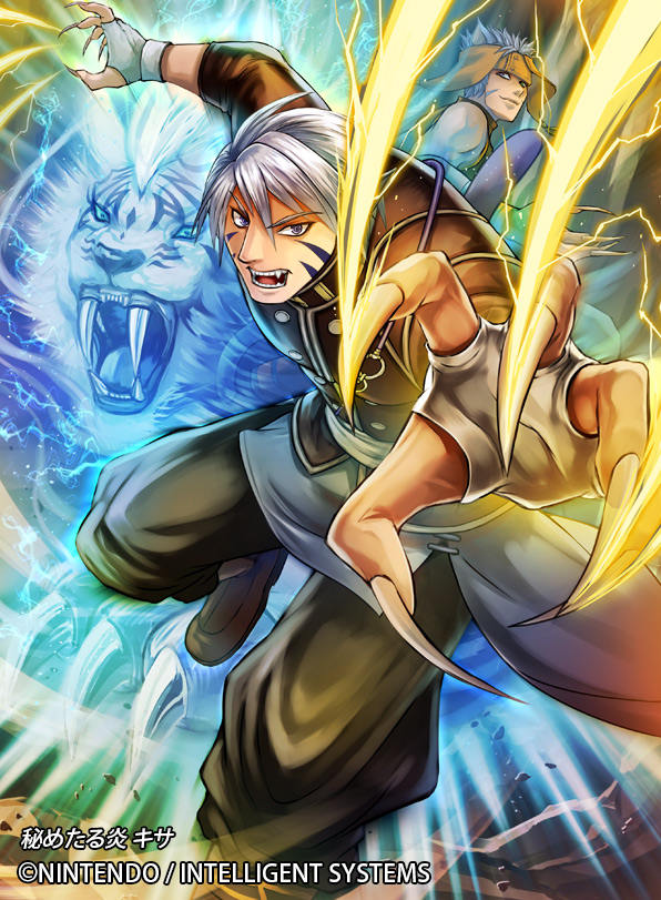 2boys animal_ears blue_hair cat_ears claws company_name facial_tattoo fire_emblem fire_emblem:_radiant_dawn fire_emblem_cipher full_body headband incoming_attack kyza_(fire_emblem) looking_at_viewer male_focus multiple_boys nekobayashi official_art open_mouth ranulf_(fire_emblem) tattoo white_hair
