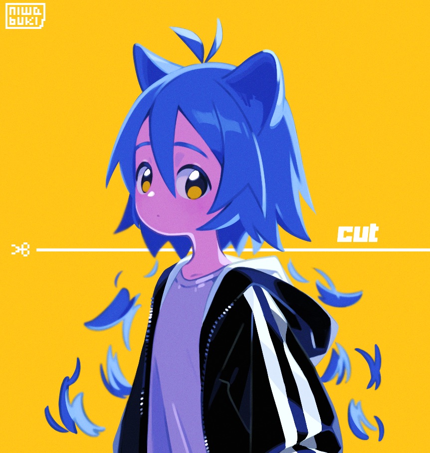 1girl animal_ears black_jacket blue_hair brown_eyes cutting_hair expressionless hair_between_eyes hood hood_down jacket looking_at_viewer niwabuki original shirt short_hair signature simple_background solo upper_body white_shirt yellow_background