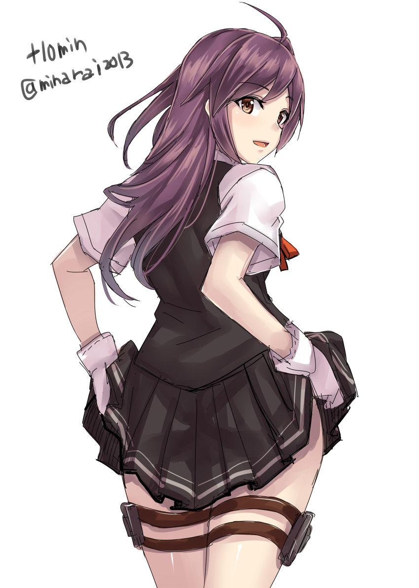 1girl ahoge black_skirt black_vest cowboy_shot from_behind gloves hagikaze_(kancolle) kantai_collection long_hair looking_at_viewer looking_back minarai one_side_up pleated_skirt purple_hair school_uniform shirt short_sleeves simple_background skirt skirt_hold solo thigh_strap twitter_username vest white_background white_gloves white_shirt yellow_eyes