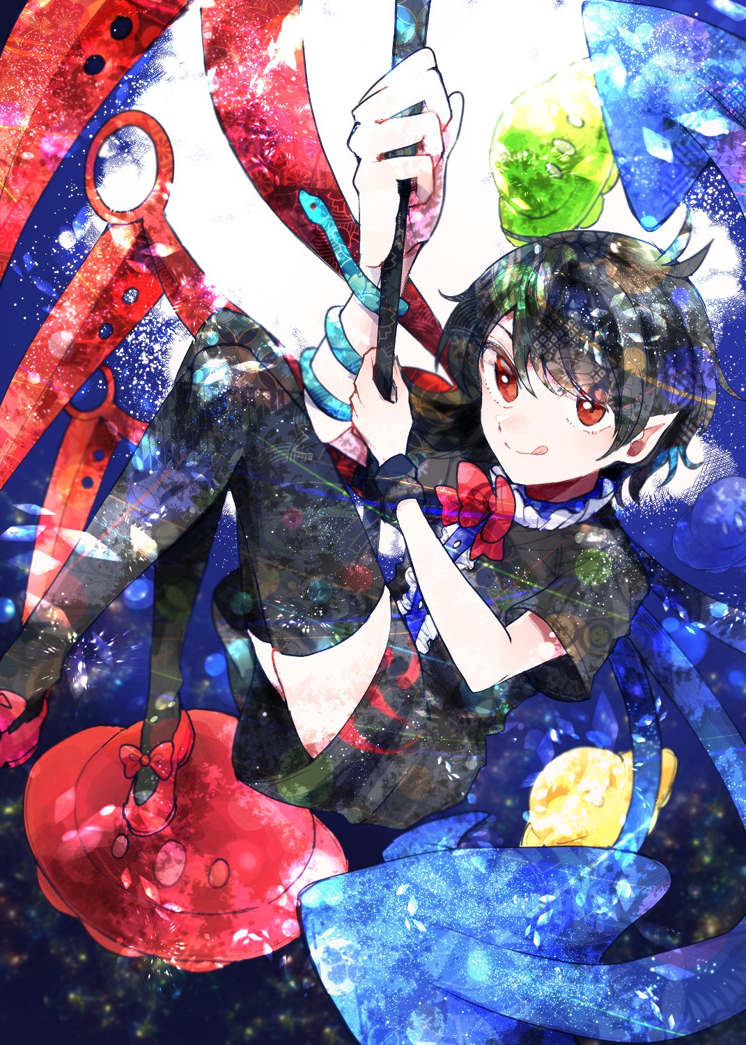 1girl asymmetrical_wings black_dress black_hair black_legwear blue_background blue_wings bow bowtie breasts buttons center_frills dress footwear_bow foreshortening frilled_dress frills highres holding holding_weapon houjuu_nue itomugi-kun knees_up looking_at_viewer mary_janes medium_hair pointy_ears red_bow red_eyes red_footwear red_neckwear red_wings shoes short_dress short_sleeves small_breasts snake sparkle thigh-highs tongue tongue_out ufo weapon wings wristband zettai_ryouiki