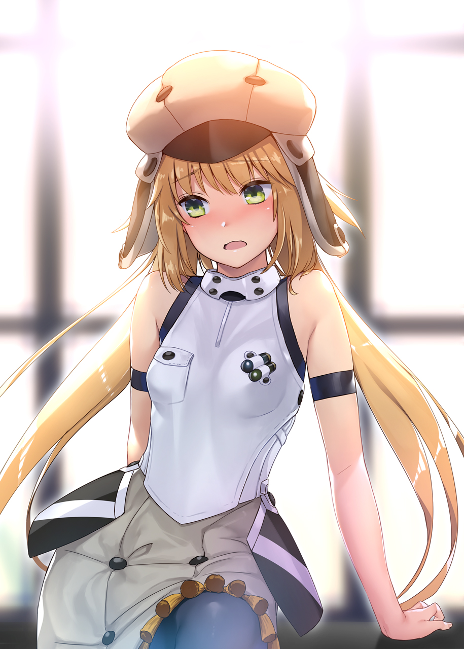 1girl armband artoria_pendragon_(all) artoria_pendragon_(caster)_(fate) bare_shoulders blonde_hair blush breasts buttons commentary_request dress eyebrows_visible_through_hair fate/grand_order fate_(series) green_eyes grey_headwear hat highres indoors long_hair low_twintails nonderi open_mouth pocket shiny shiny_hair sleeveless small_breasts solo twintails very_long_hair window