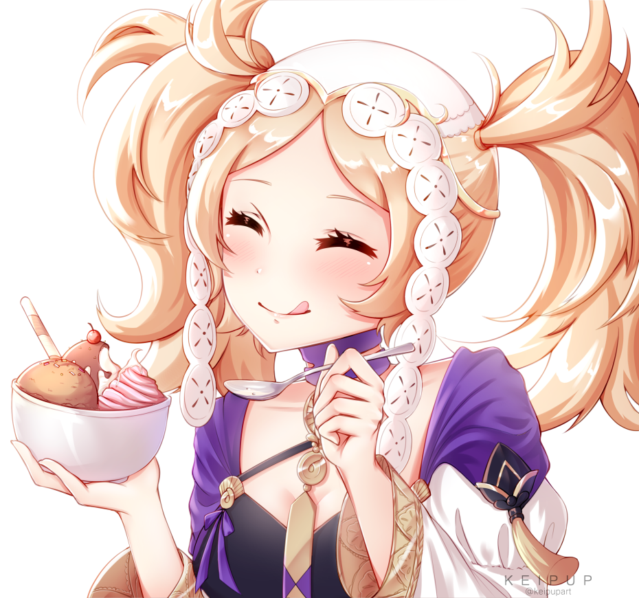 1girl bangs blonde_hair blush bowl cherry choker closed_eyes cosplay dress fire_emblem fire_emblem:_three_houses fire_emblem_awakening food fruit hair_ornament ice_cream juliet_sleeves keipup lissa_(fire_emblem) long_sleeves low_twintails lysithea_von_ordelia lysithea_von_ordelia_(cosplay) parted_bangs puffy_sleeves purple_dress solo spoon tassel tongue tongue_out twintails white_background