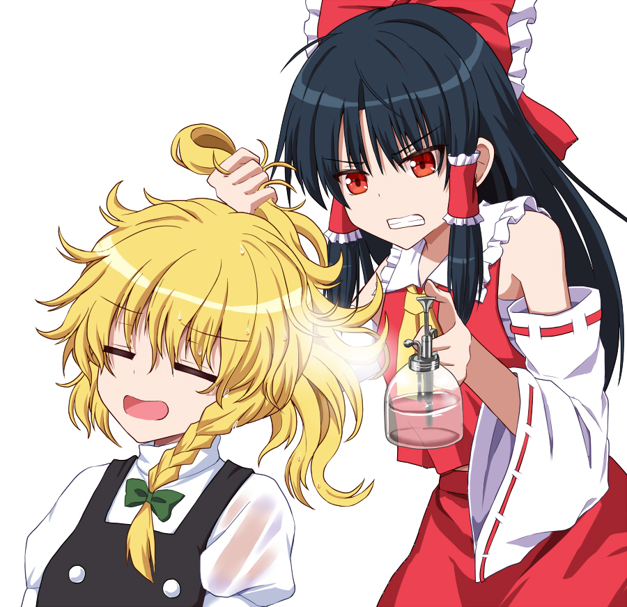 2girls =_= annoyed bare_shoulders black_hair blonde_hair bottle bow braid clenched_teeth detached_sleeves dress frills hair_bow hair_tubes hakurei_reimu holding holding_hair kirisame_marisa long_hair messy_hair multiple_girls no_hat no_headwear open_mouth red_dress red_eyes simple_background spray_bottle sugiyama_ichirou teeth touhou white_background