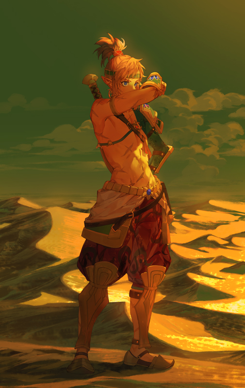 1boy abs arm_up bangs blonde_hair blue_eyes clouds desert desert_voe_set_(zelda) earrings full_body green_sky jewelry link male_focus outdoors pants pointy_ears ponytail sand sandals scar scar_on_arm scar_on_chest solo standing starstruckdon sunset the_legend_of_zelda the_legend_of_zelda:_breath_of_the_wild weapon weapon_on_back