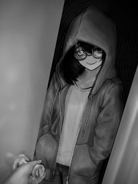 empty_eyes evil_grin evil_smile greyscale grin hand_in_pocket heterochromia hood hoodie horror_(theme) kamikoshi_sorawo looking_at_viewer medium_hair monochrome open_door smile solo_focus urasekai_picnic