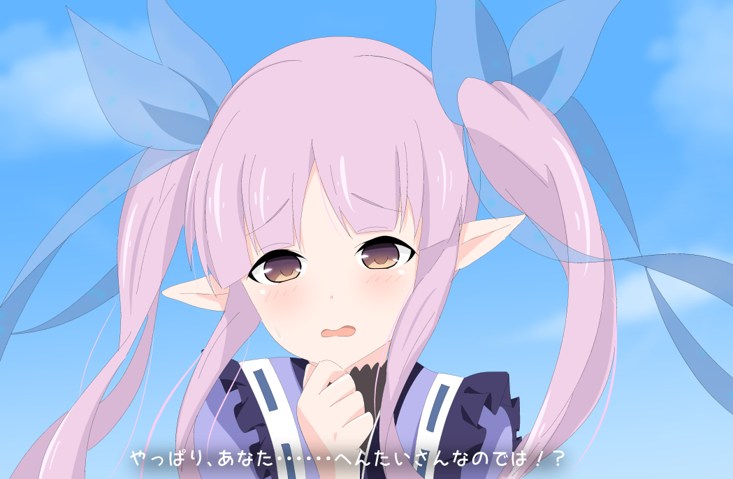 1girl blurry blurry_background blush elf eyebrows_visible_through_hair hair_between_eyes hair_ornament kuroha_uma kyouka_(princess_connect!) long_hair looking_at_viewer open_mouth pointy_ears princess_connect! twintails