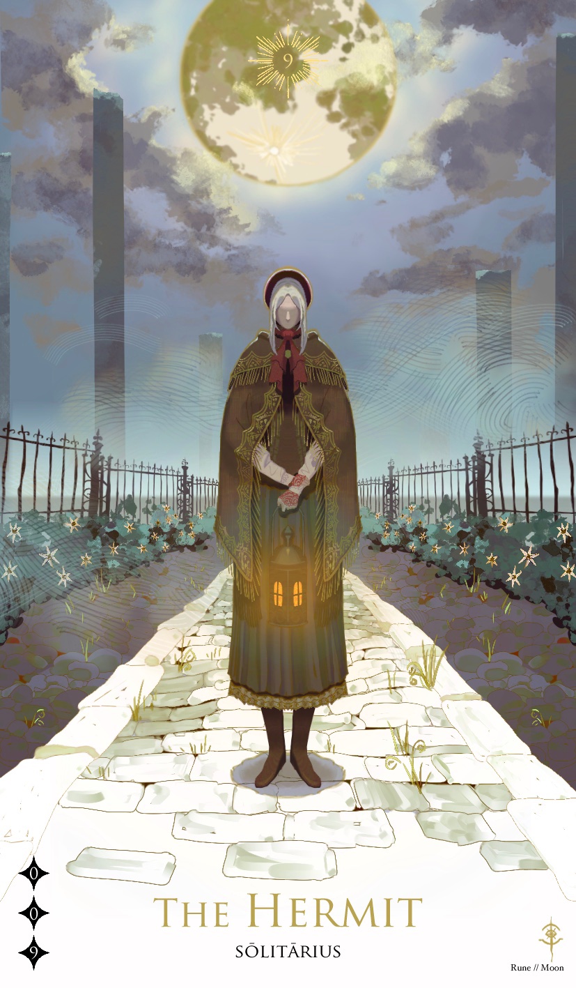 1girl bangs bloodborne bonnet boots brown_footwear cloak clouds cloudy_sky english_text fence flower frozensoba hat highres holding lamp moon no_eyes number pale_skin plain_doll short_hair sky solo standing white_flower