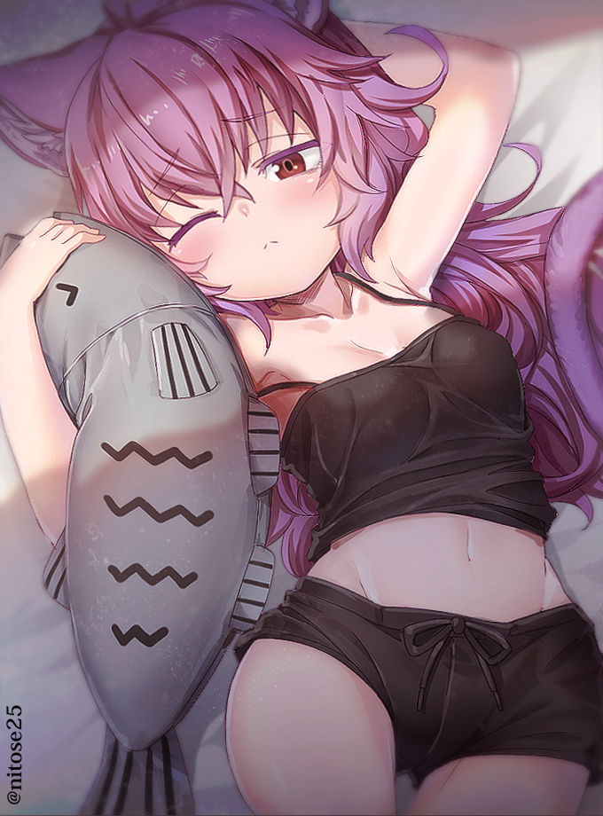 1girl ;&lt; animal_ear_fluff animal_ears arm_up bangs bed_sheet boyshort_panties breasts brown_eyes camisole cat_ears cat_girl cat_tail eyebrows_visible_through_hair groin hair_between_eyes long_hair looking_at_viewer lying medium_breasts midriff navel nyifu on_back one_eye_closed original pink_hair solo spaghetti_strap strap_slip stuffed_animal stuffed_fish stuffed_toy tail thigh_gap twitter_username