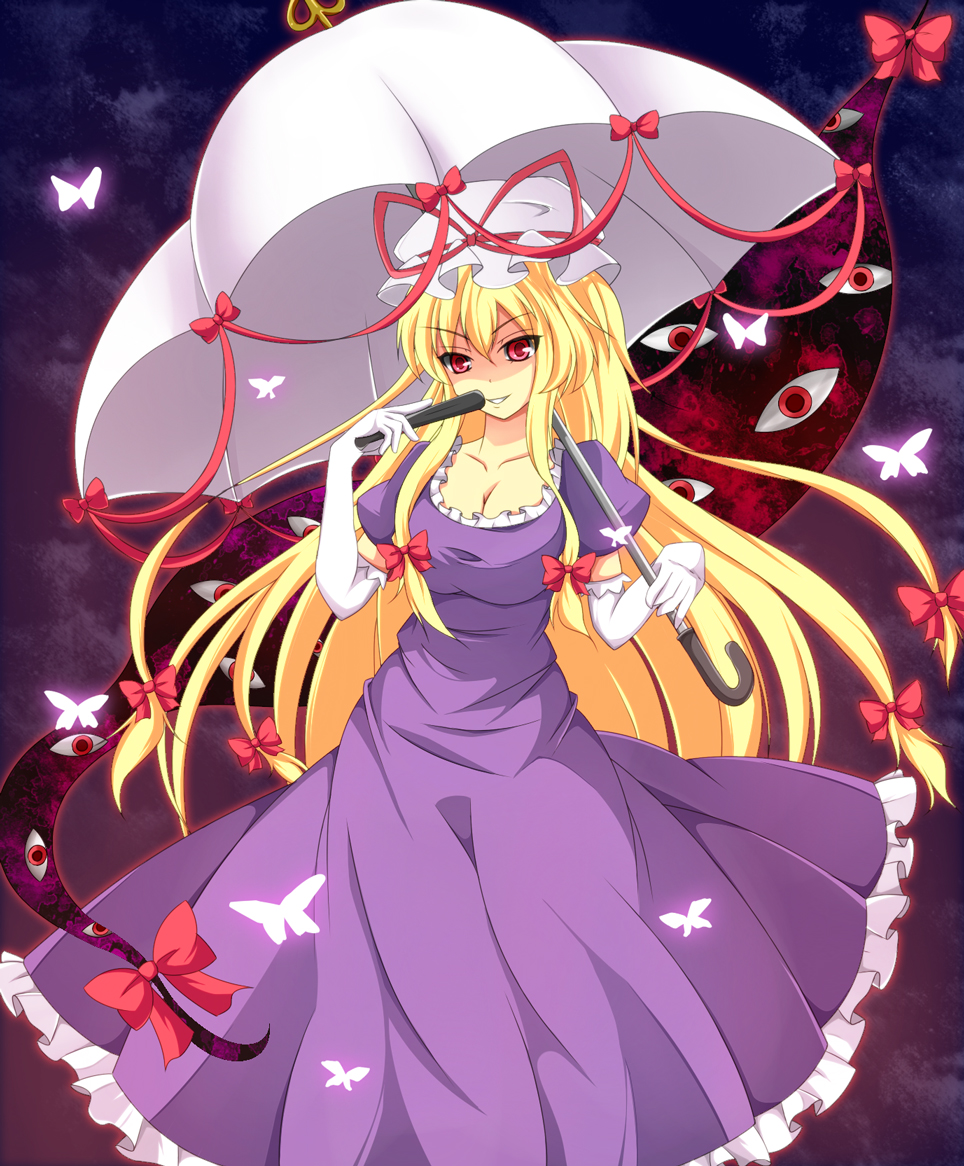 1girl bangs blonde_hair bow breasts bug butterfly clouds cloudy_sky dress eyebrows_visible_through_hair fan gap_(touhou) gloves hair_between_eyes hair_bow hands_up hat holding holding_fan holding_umbrella insect long_hair looking_at_viewer medium_breasts puffy_short_sleeves puffy_sleeves purple_dress purple_sky purple_sleeves purple_theme red_bow red_eyes short_sleeves sky smile solo teeth touhou umbrella uumenn white_gloves white_headwear yakumo_yukari