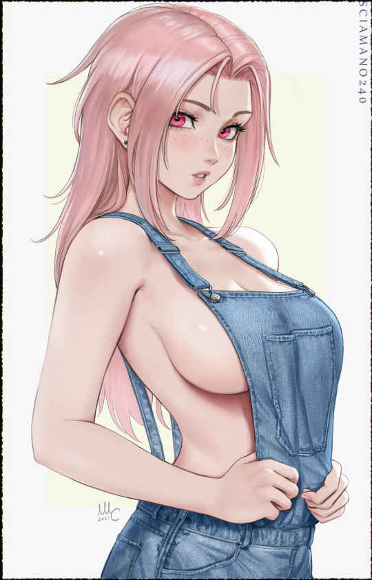 1girl bare_shoulders breasts chloe_(sciamano240) earrings freckles jewelry large_breasts long_hair naked_overalls original overalls pink_eyes pink_hair pink_lips sciamano240 sideboob white_background