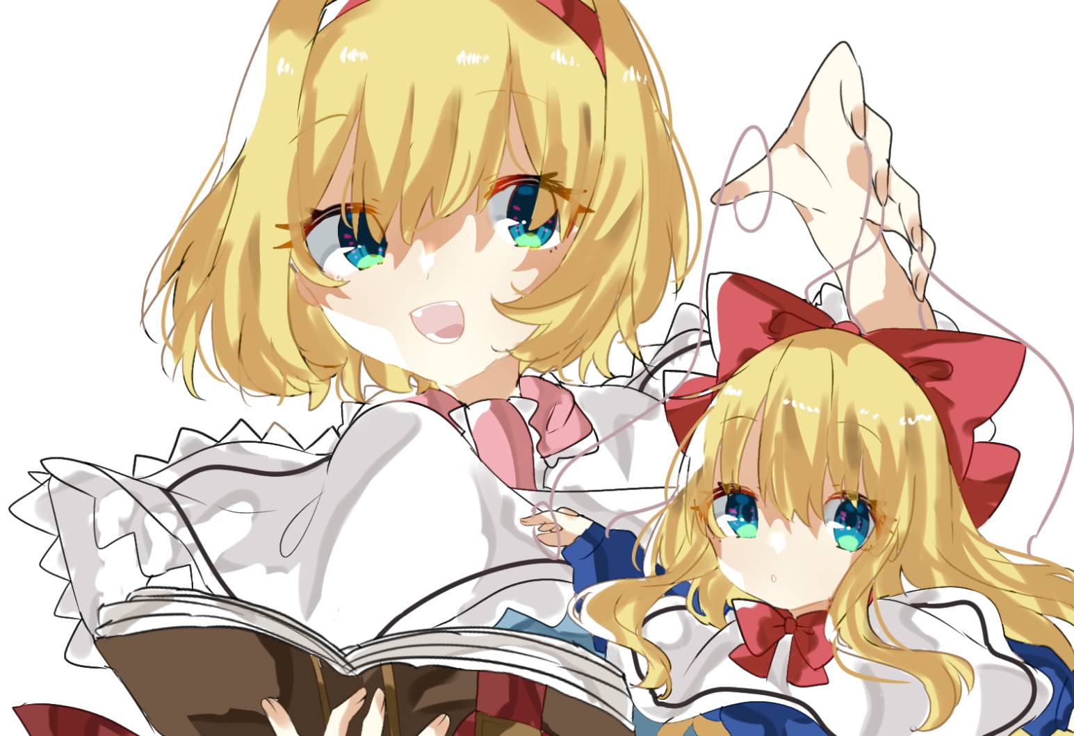 1girl :d alice_margatroid blonde_hair blue_eyes book bow capelet hair_bow hairband holding holding_book looking_at_viewer nishiki1225 open_book open_mouth puppet_strings shanghai_doll short_hair simple_background smile solo touhou upper_body white_background white_capelet