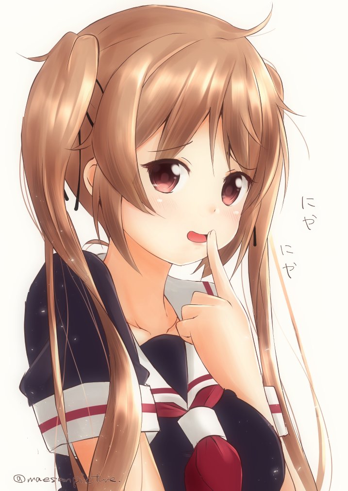 1girl bangs black_serafuku blush breasts commentary_request eyebrows_visible_through_hair finger_to_mouth hair_ribbon index_finger_raised kantai_collection light_brown_hair long_hair looking_at_viewer mae_(maesanpicture) open_mouth redhead ribbon sailor_collar school_uniform serafuku simple_background smug solo twintails twitter_username upper_body white_background