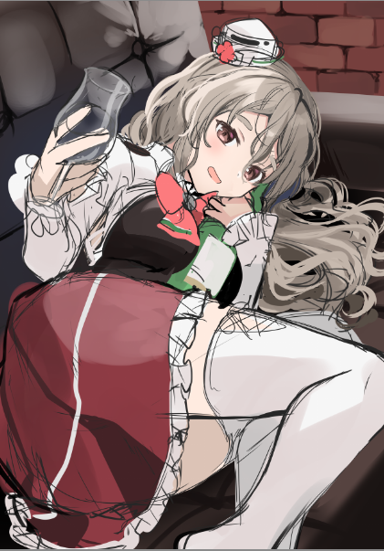 1girl bow bowtie breasts brown_eyes couch cup drinking_glass frilled_skirt frills grey_hair hat kantai_collection large_breasts looking_at_viewer lying mini_hat miniskirt on_side pola_(kancolle) red_skirt shirt skirt solo thick_eyebrows thigh-highs tilted_headwear wavy_hair white_legwear white_shirt wine_glass yunamaro