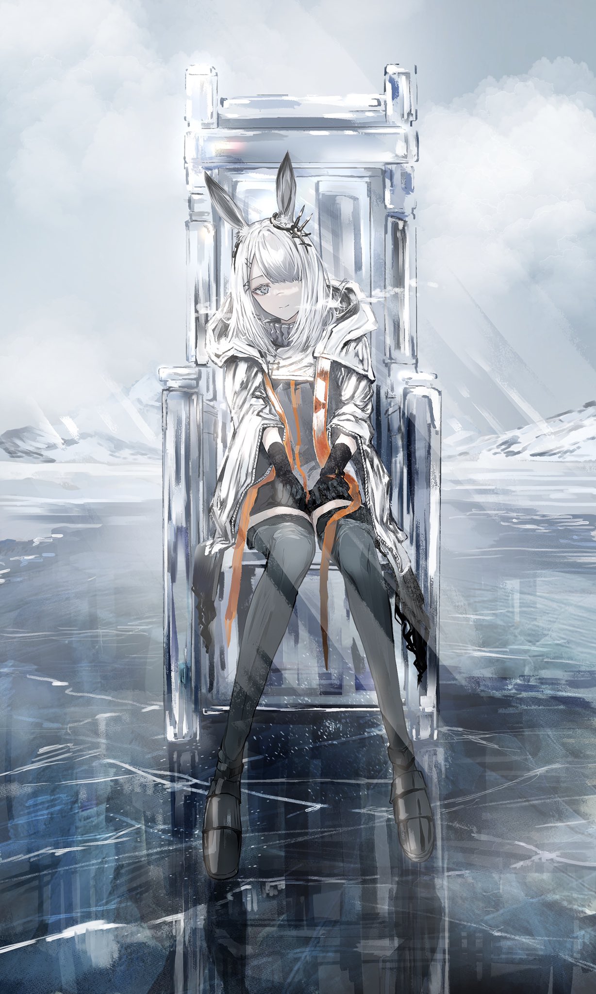 1girl animal_ear_fluff animal_ears arknights black_footwear black_gloves black_legwear breath closed_mouth clouds cloudy_sky coat day frostnova_(arknights) frozen_lake full_body gloves grey_coat grey_eyes hair_over_one_eye head_tilt highres light_rays long_hair long_sleeves looking_at_viewer nanaponi open_clothes open_coat outdoors rabbit_ears reflection scar scar_on_face scar_on_nose silver_hair sitting sky smile solo sunbeam sunlight thigh-highs throne wide_sleeves winter