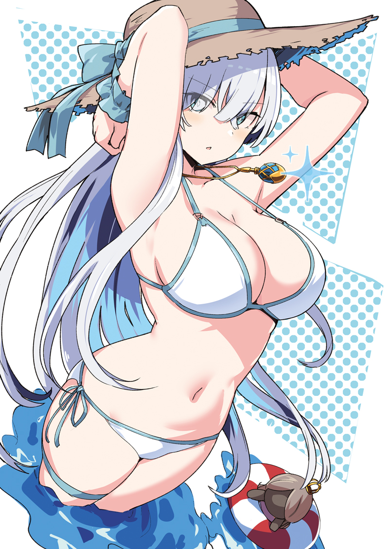 1girl anastasia_(fate) arms_up bikini blue_eyes breasts doll fate/grand_order fate_(series) hair_over_one_eye hat innertube jewelry large_breasts long_hair navel pendant shiseki_hirame silver_hair straw_hat swimsuit wading water