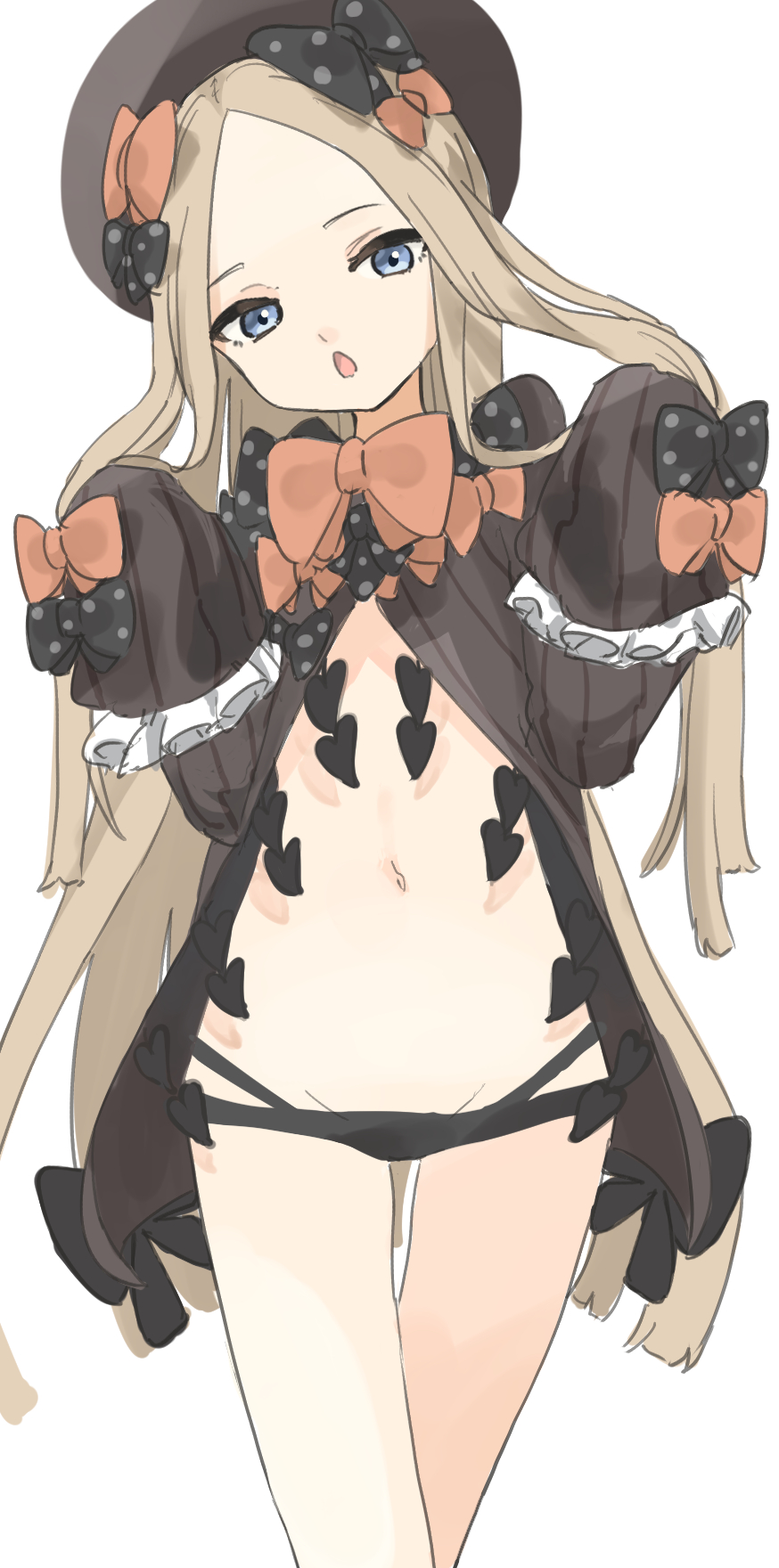 1girl :o abigail_williams_(fate) ainkun bangs black_panties black_shirt blue_eyes bow bowtie commentary_request fate/grand_order fate_(series) frilled_sleeves frills groin hair_bow hat head_tilt highres light_brown_hair long_hair long_sleeves looking_at_viewer midriff navel panties shirt sidelocks simple_background sleeves_past_wrists solo underwear white_background